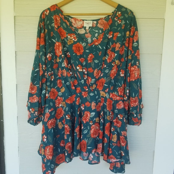 Women's Floral Print Blouse Hayden Los Angeles Peasant Boho 3XL V-Neck Kimono - Picture 1 of 8